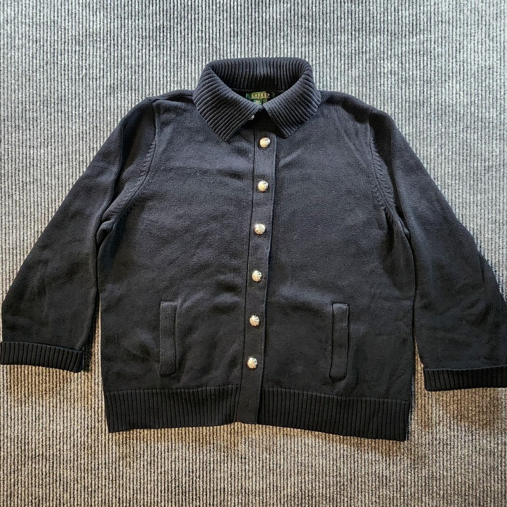 Lauren Ralph Lauren Cardigan Sweater Womens 3X Black Cotton Gold‎ Button Pockets
